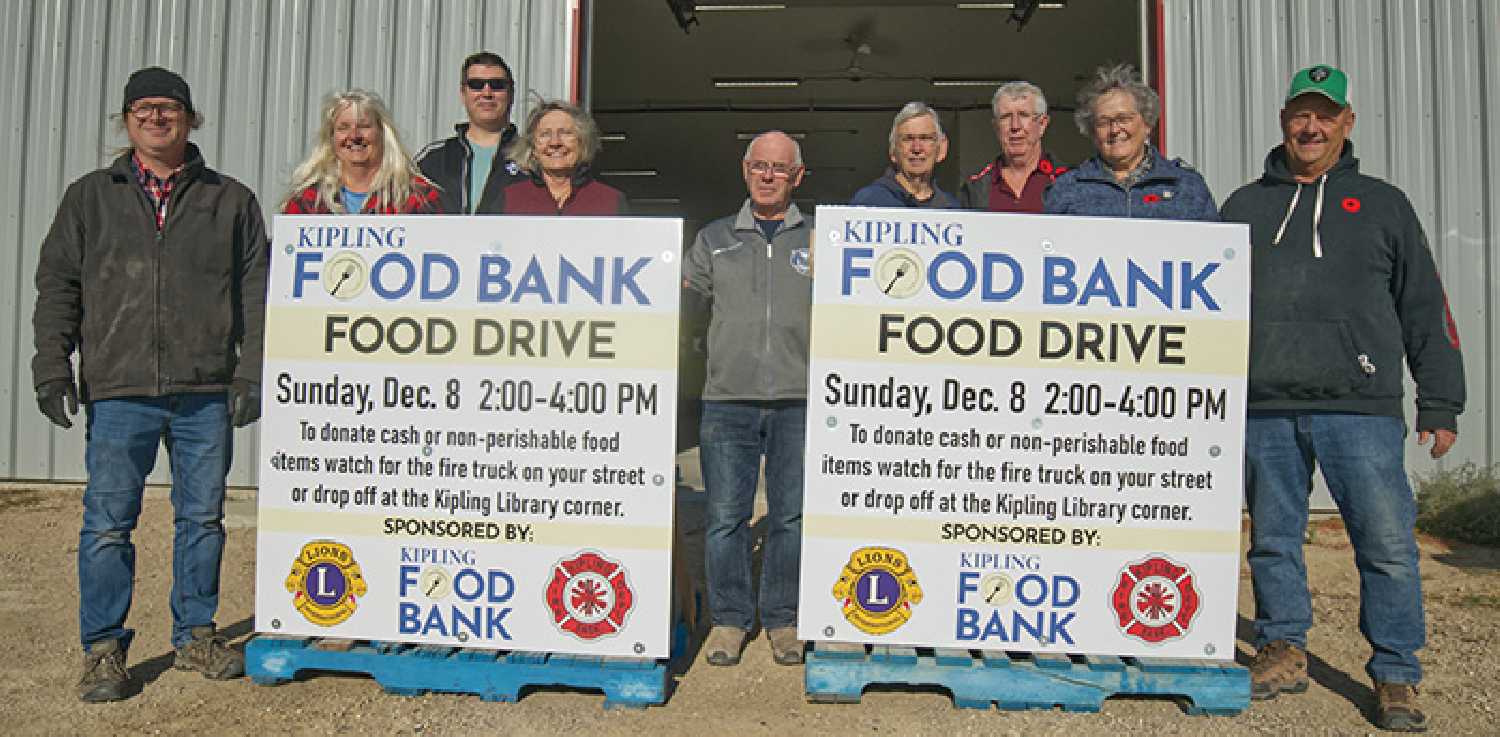 Members of the Kipling Fire Department, Lions Club and Food Bank are teaming up for their first ever town-wide food drive. From left are: Joe Widdup, Sharon Poirier, Dan Manns, Adele Nagy, Ken Nordal, Pat Jackson, Brian Manns, Marge Bates, and Michael Warner.